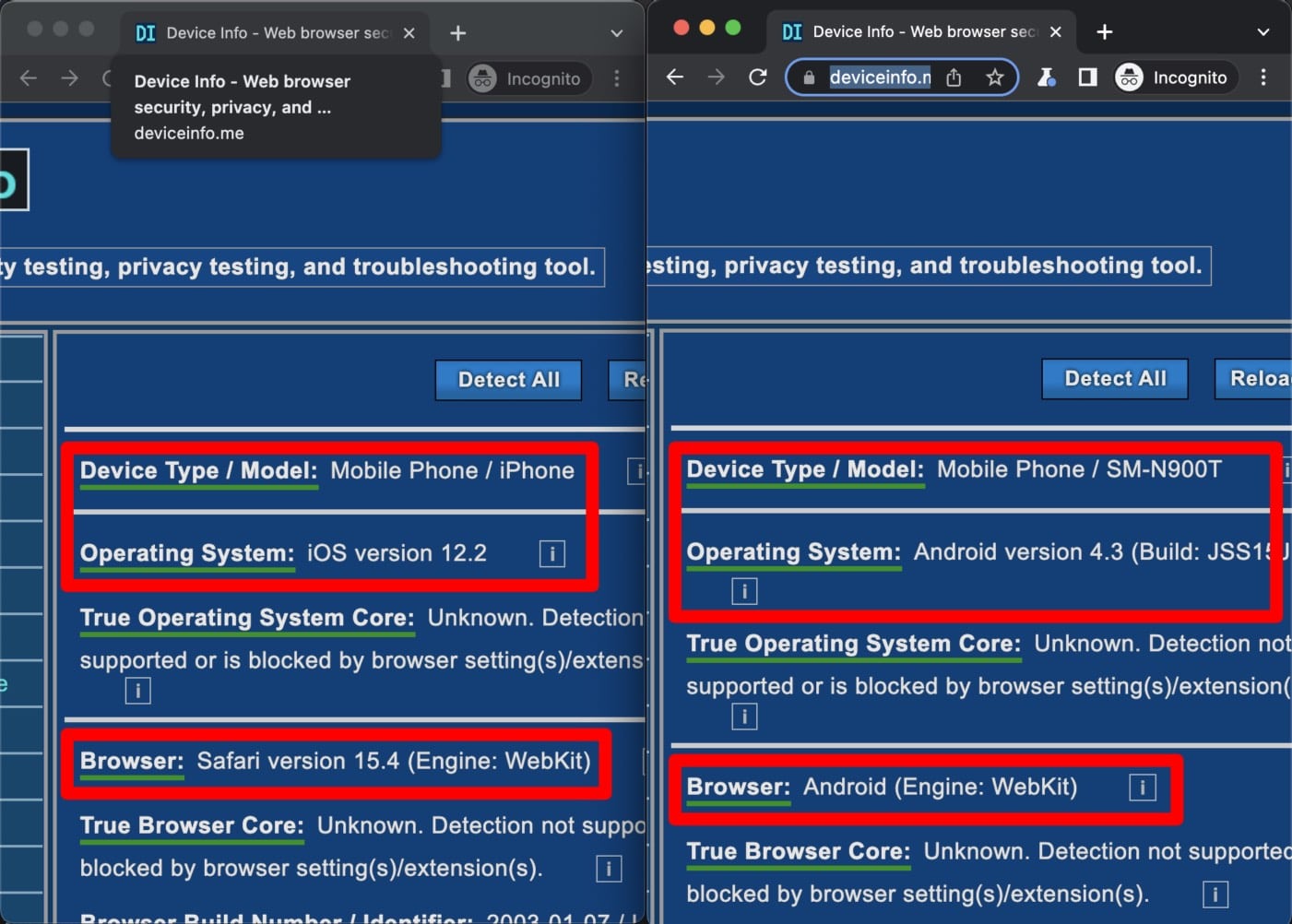 deviceinfo.me results for both browser contexts