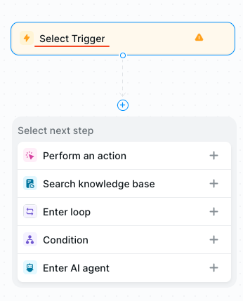 Lindy workflow editor, showing trigger selection, with "Select Trigger" highlighted
